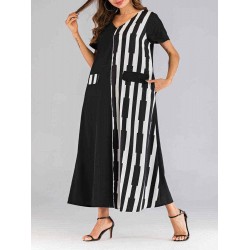 Women Loose V-neck Short Sleeve Stripe Patchwork Long Dress