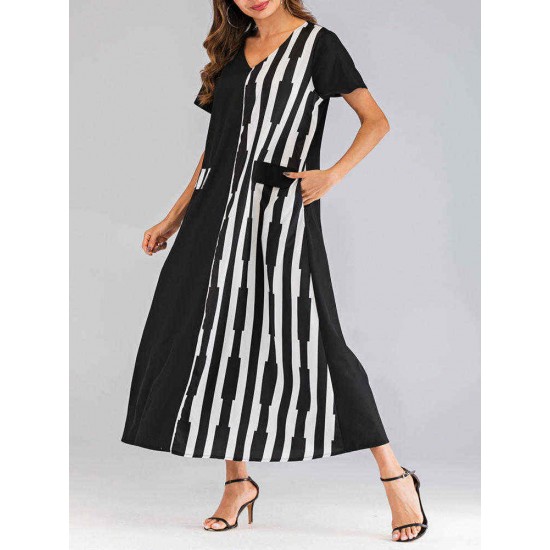 Women Loose V-neck Short Sleeve Stripe Patchwork Long Dress