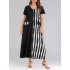 Women Loose V-neck Short Sleeve Stripe Patchwork Long Dress