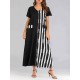 Women Loose V-neck Short Sleeve Stripe Patchwork Long Dress