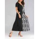 Women Loose V-neck Short Sleeve Stripe Patchwork Long Dress