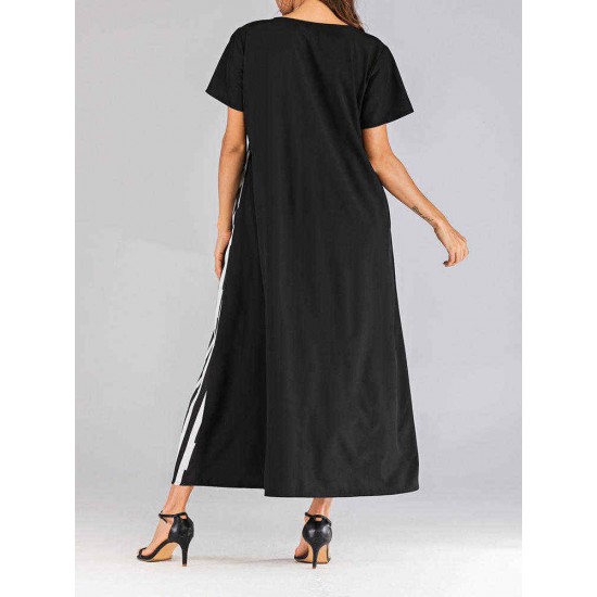 Women Loose V-neck Short Sleeve Stripe Patchwork Long Dress