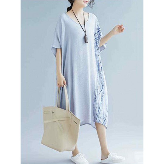 Women Modern Oversized Patchwork Line Half Sleeves Loose Dress