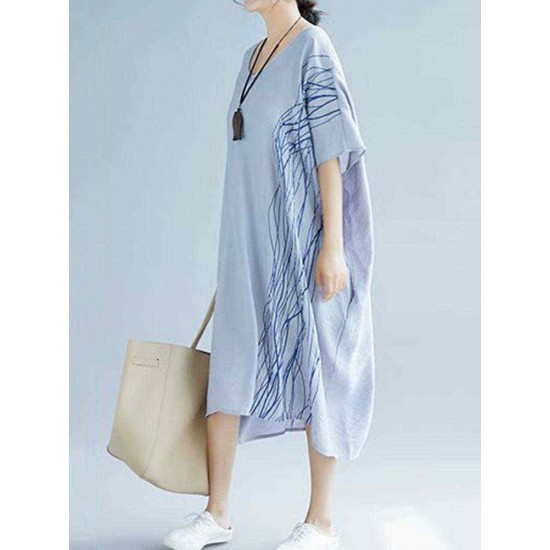 Women Modern Oversized Patchwork Line Half Sleeves Loose Dress