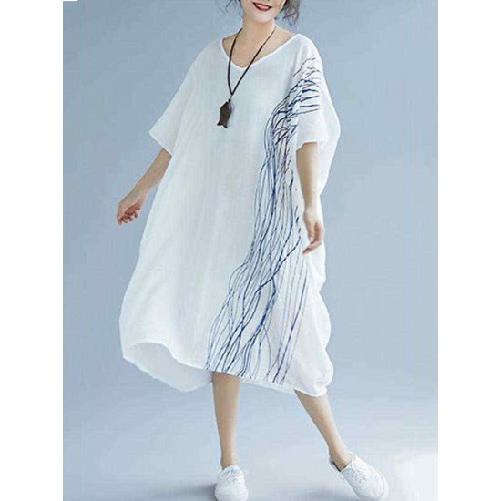 Women Modern Oversized Patchwork Line Half Sleeves Loose Dress