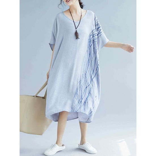 Women Modern Oversized Patchwork Line Half Sleeves Loose Dress