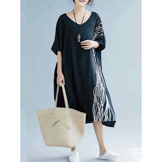 Women Modern Oversized Patchwork Line Half Sleeves Loose Dress