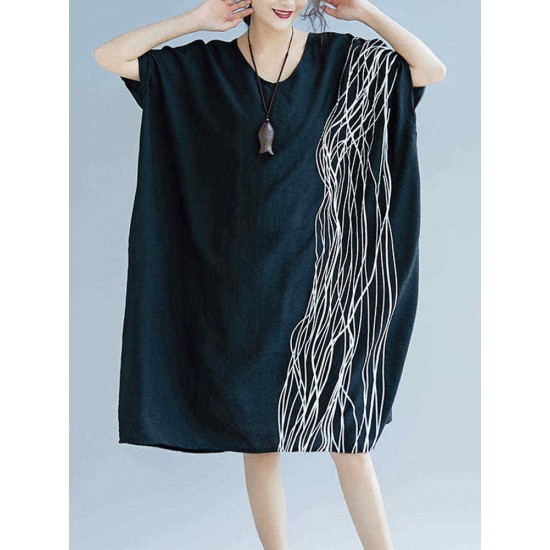 Women Modern Oversized Patchwork Line Half Sleeves Loose Dress