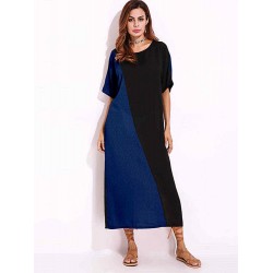 Women O-Neck Short Sleeves Patchwork Long Maxi Dress