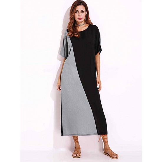 Women O-Neck Short Sleeves Patchwork Long Maxi Dress