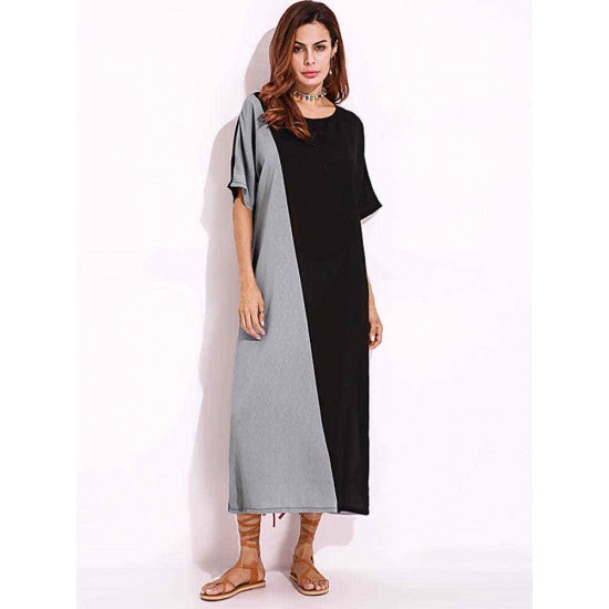 Women O-Neck Short Sleeves Patchwork Long Maxi Dress