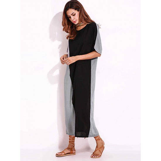 Women O-Neck Short Sleeves Patchwork Long Maxi Dress