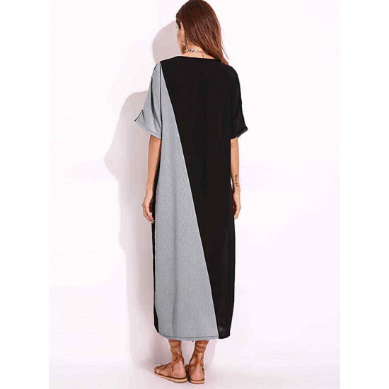 Women O-Neck Short Sleeves Patchwork Long Maxi Dress