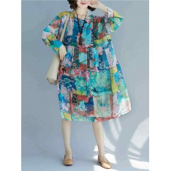 Women Patchwork Art Printed Loose Chiffon Dress