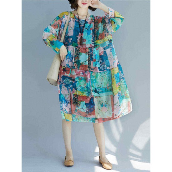 Women Patchwork Art Printed Loose Chiffon Dress