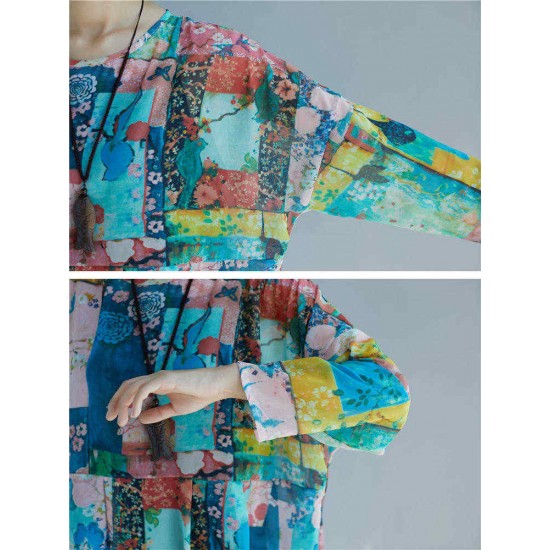 Women Patchwork Art Printed Loose Chiffon Dress