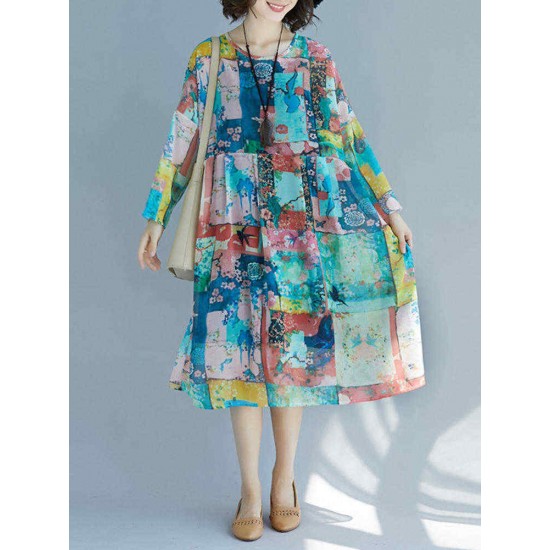 Women Patchwork Art Printed Loose Chiffon Dress