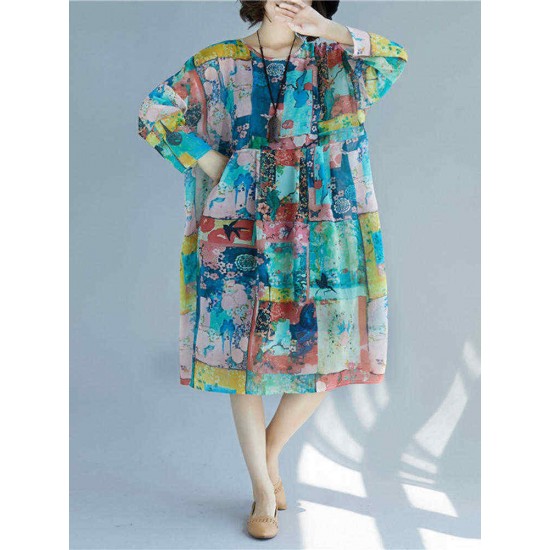 Women Patchwork Art Printed Loose Chiffon Dress