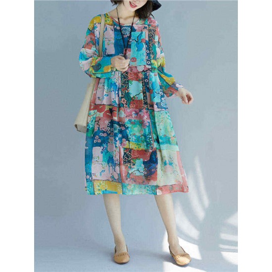 Women Patchwork Art Printed Loose Chiffon Dress