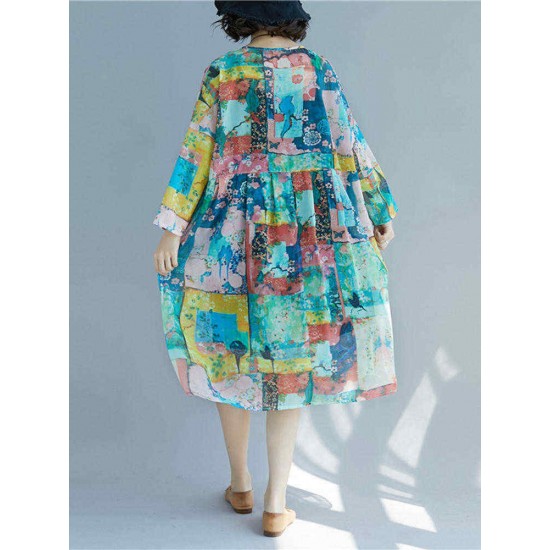 Women Patchwork Art Printed Loose Chiffon Dress