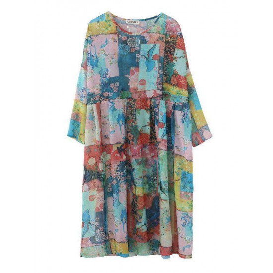 Women Patchwork Art Printed Loose Chiffon Dress