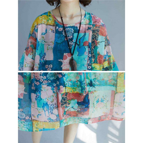 Women Patchwork Art Printed Loose Chiffon Dress