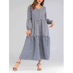 Women Plaid Patchwork V-neck Puff Sleeve Kaftan Dress