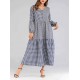 Women Plaid Patchwork V-neck Puff Sleeve Kaftan Dress