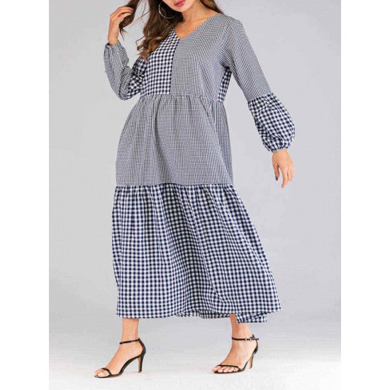 Women Plaid Patchwork V-neck Puff Sleeve Kaftan Dress