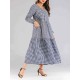 Women Plaid Patchwork V-neck Puff Sleeve Kaftan Dress