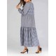 Women Plaid Patchwork V-neck Puff Sleeve Kaftan Dress