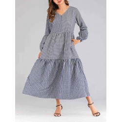 Women Plaid Patchwork V-neck Puff Sleeve Kaftan Dress