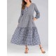 Women Plaid Patchwork V-neck Puff Sleeve Kaftan Dress