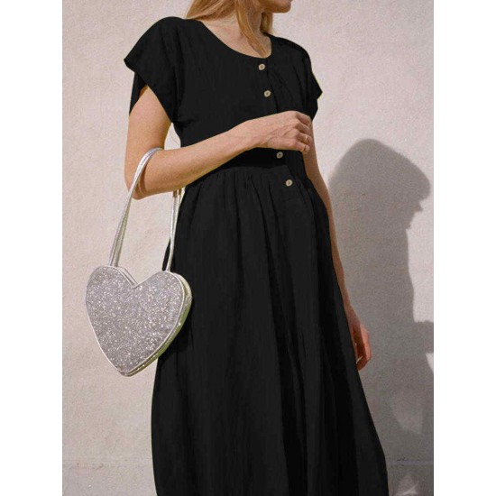 Women Pleated Loose Round Neck Bat Sleeve Dress