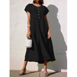 Women Pleated Loose Round Neck Bat Sleeve Dress