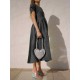 Women Pleated Loose Round Neck Bat Sleeve Dress