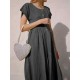 Women Pleated Loose Round Neck Bat Sleeve Dress