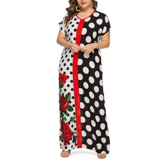 Women Polka Dot Patchwork Short Sleeve Floral Long Dress