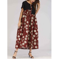 Women Polka Dot Patchwork Short Sleeve Maxi Dress