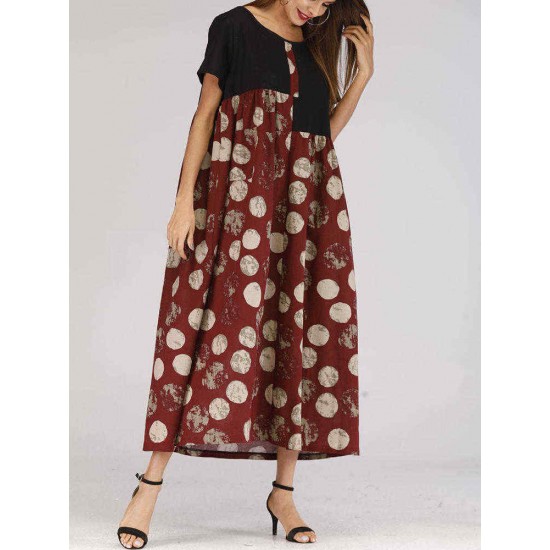 Women Polka Dot Patchwork Short Sleeve Maxi Dress