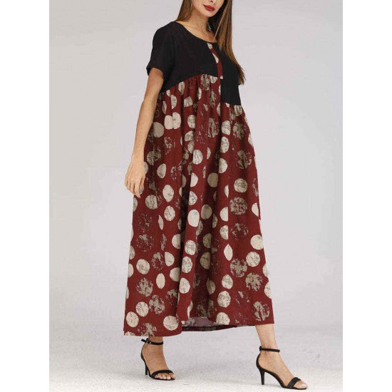 Women Polka Dot Patchwork Short Sleeve Maxi Dress