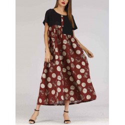 Women Polka Dot Patchwork Short Sleeve Maxi Dress