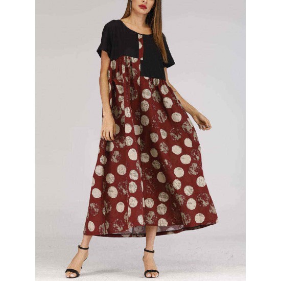 Women Polka Dot Patchwork Short Sleeve Maxi Dress