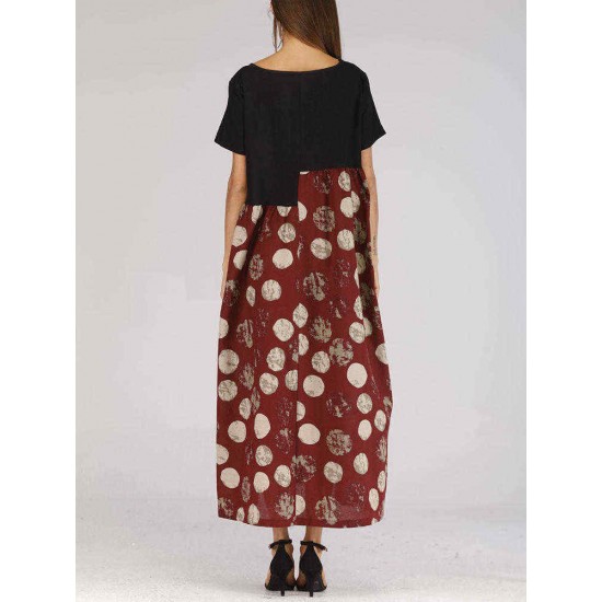 Women Polka Dot Patchwork Short Sleeve Maxi Dress