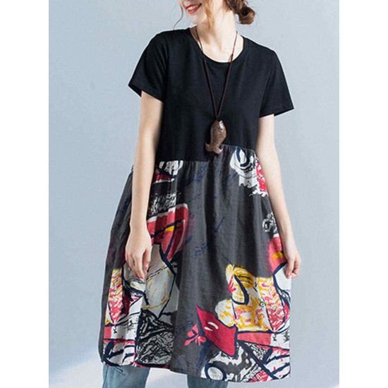 Women Print Patchwork Dress Short Sleeve O Neck Pockets Dress