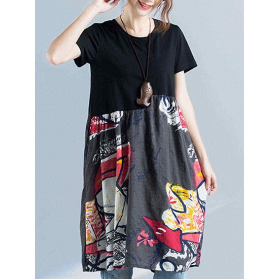 Women Print Patchwork Dress Short Sleeve O Neck Pockets Dress