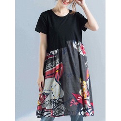 Women Print Patchwork Dress Short Sleeve O Neck Pockets Dress