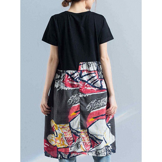 Women Print Patchwork Dress Short Sleeve O Neck Pockets Dress