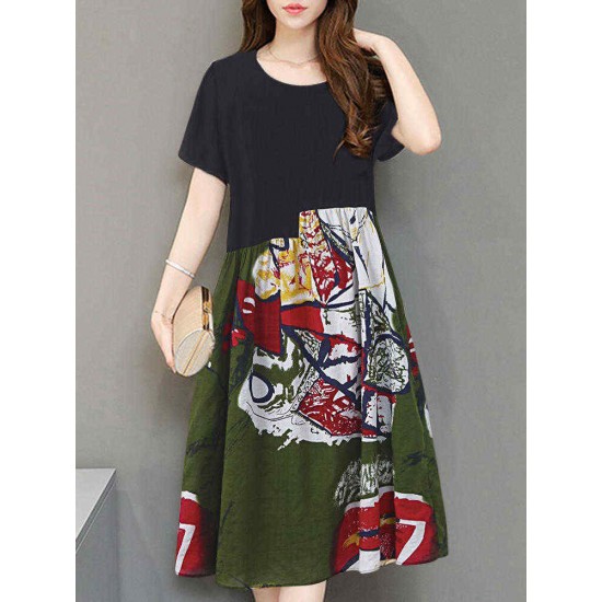 Women Print Patchwork Dress Short Sleeve O Neck Pockets Dress