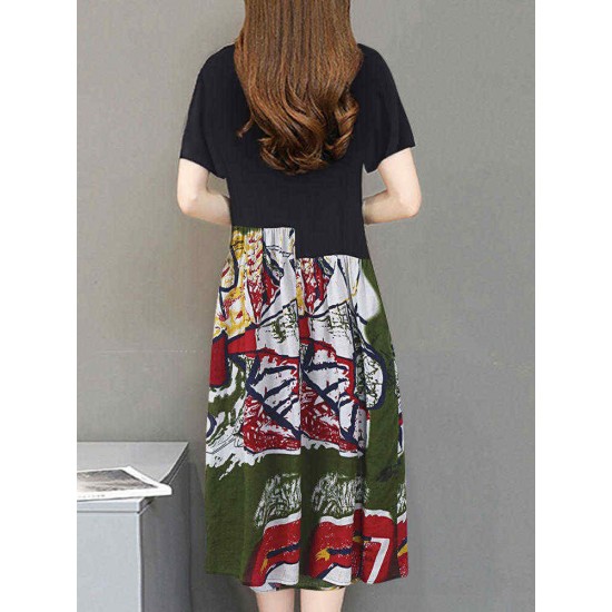 Women Print Patchwork Dress Short Sleeve O Neck Pockets Dress